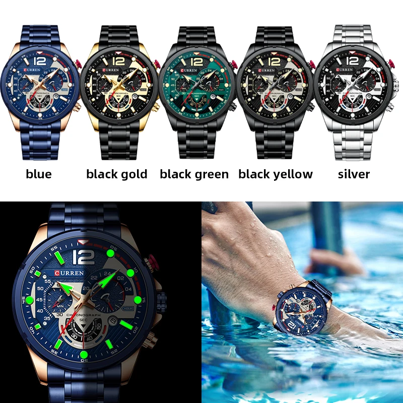 Reloj CURREN informal de negocios con cronógrafo resistente al agua de acero inoxidable para hombre, nuevo reloj de pulsera de cuarzo a la moda de lujo para hombre, reloj de pulsera