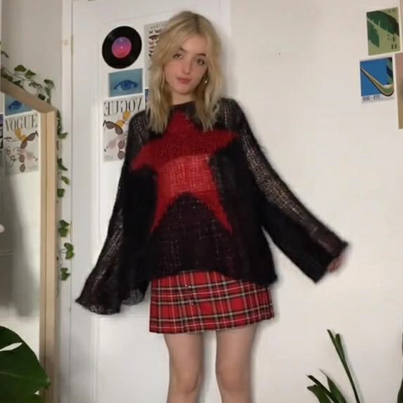 Sweater Pentagram Pattern Long Sleeve Tops y2k Aesthetic Grunge Fairycore Hollow Out Crochet Clothes 2000s Knitwear