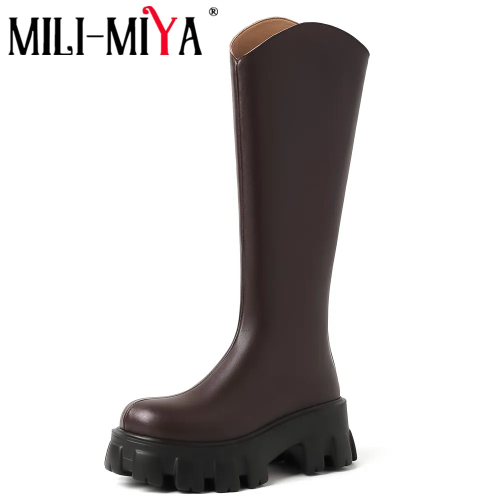 

MILI-MIYA New Arrival Women Cow Leather Knee High Boots Round Toe Non-Slip Sole Zippers Classic Concise Design Big Size 34-40