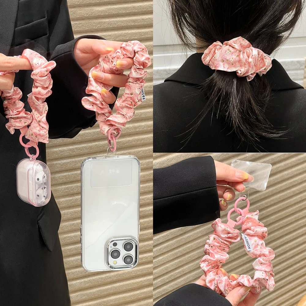 Women Silk Satin Scrunchies Universal Phone Lanyard With Clip Wrist Strap Hanging Cord Anti-lost Chain For Keychain Earphone view 3
