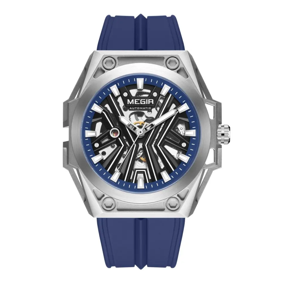 Premium Mens Automatic Mechanical Watch Skeleton Hollow Dial Luminous Octagonal Case Silicone Band Sport Business Wristwatch