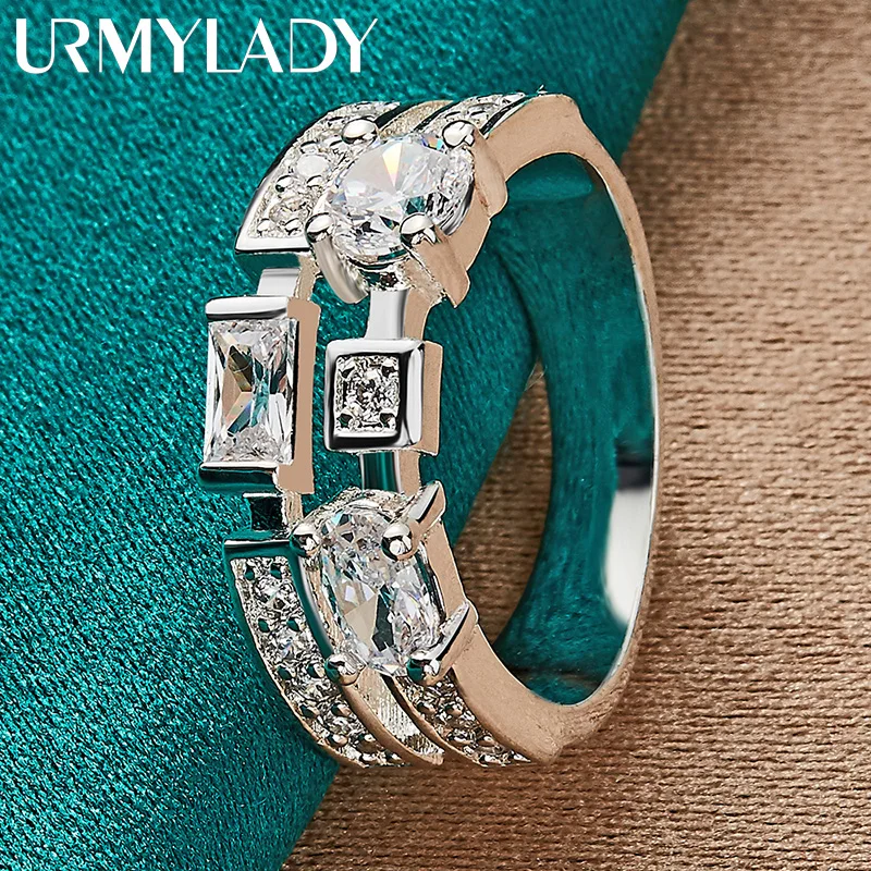 URMYLADY 925 Sterling Silver Kwadratowa/okrągła/owalna cyrkonia 7-10 #   Pierścionek dla kobiet moda wesele urok biżuterii
