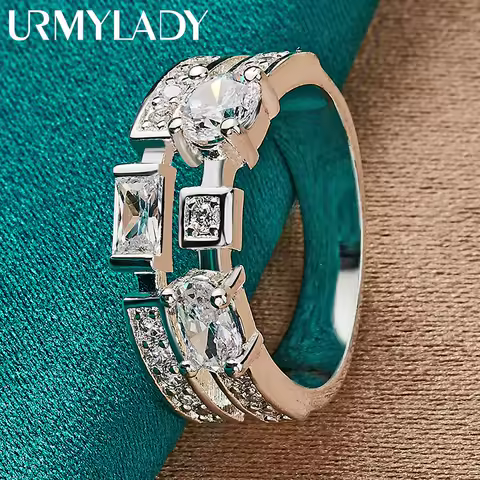 URMYLADY 925 Sterling Silver Square/Round/Oval Zircon 7-10# Ring For Women Fashion Wedding Party Charm Jewelry