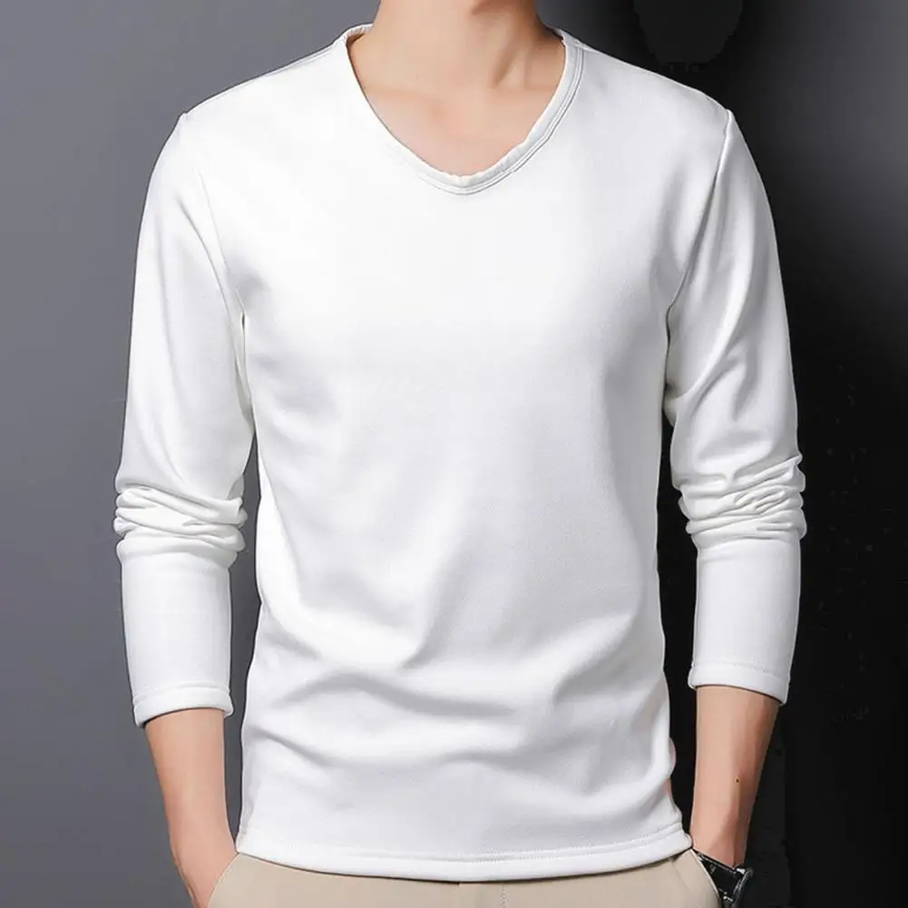 Men Base Layer Top Soft Pullover Mid Length V Neck Men's Top Elastic Long Sleeve Plus Size T-shirt for Fall Winter Spring