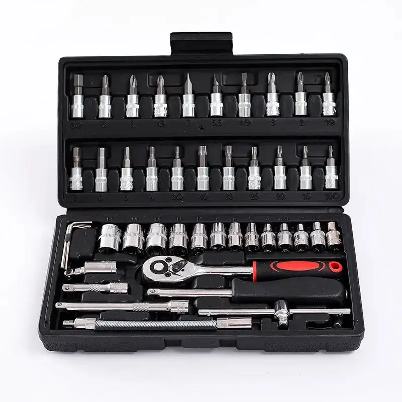 46Pcs Car Repair Tool Kit 1/4-Inch Socket Sets Car Repair Tool Ratchet Torque Wrench Combo Auto Repairing Sets Mechanic Tool