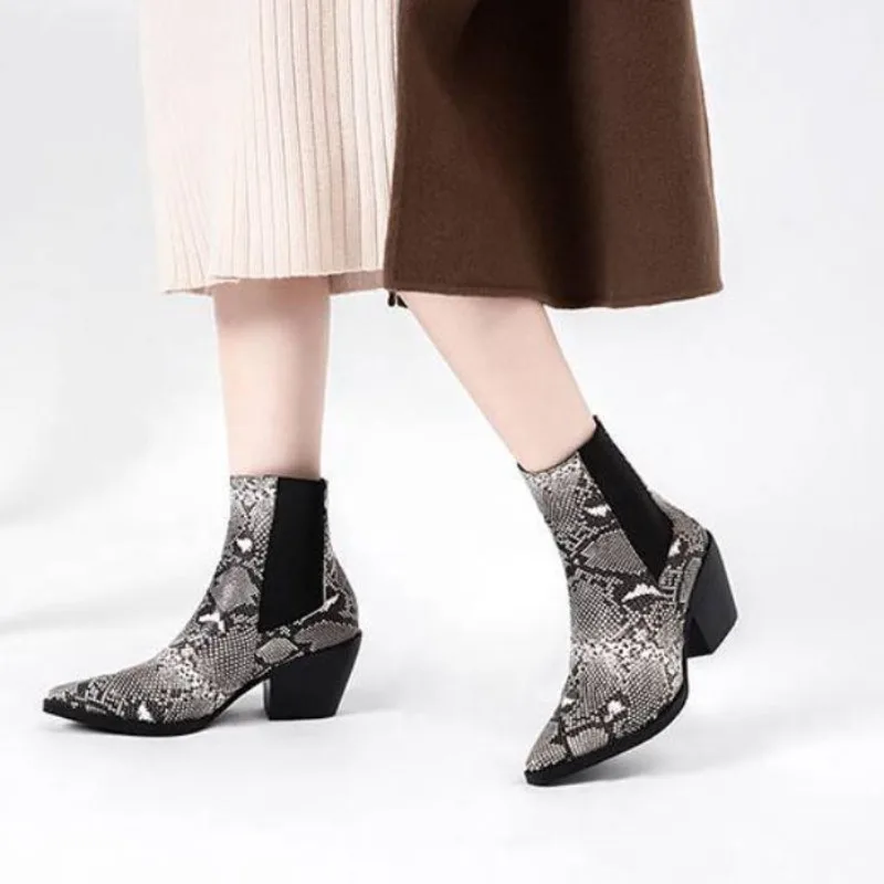 2026 Fashion Dress Office Shoes Women White Black Slip on Snake Print Block Heels Chelsea Western Cowboy Ankle Boots