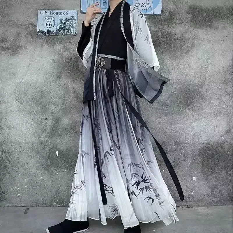 Song Dynasty Gradient Black Bamboo Printed Hanfu Suit with Belt 4pcs Men Chinese Style Swordsman Cosplay Costumes Plus Size 3XL