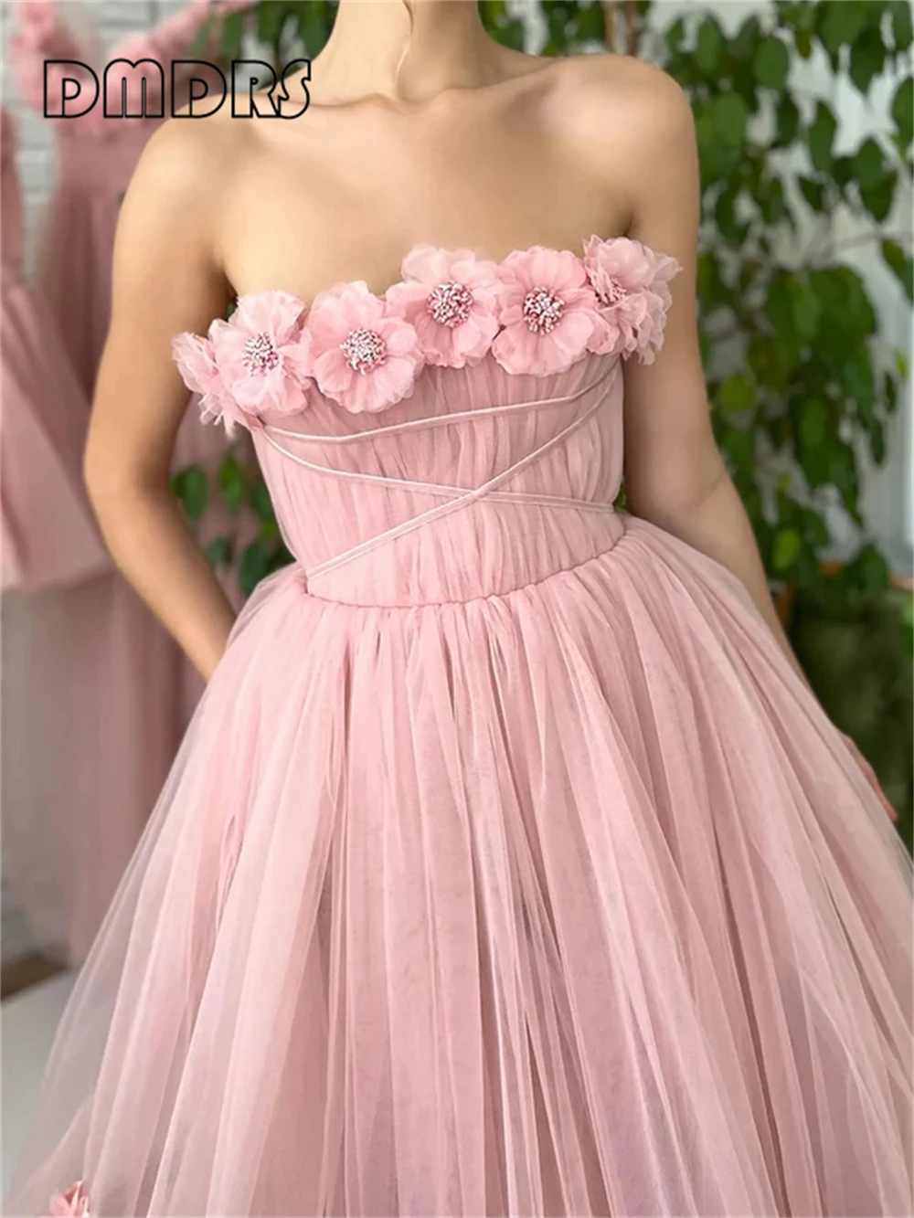 Sweet Pink 3D Floral Women Prom Dress Tulle Strapless Cute Birthday Party Gown Formal Dresses Summer Evening Gowns