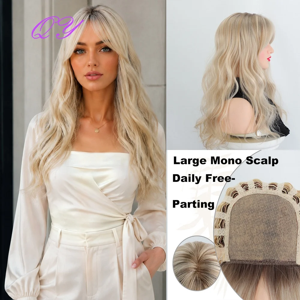 20Inch Golden Long Wavy Synthetic Wig Mono Large Simulation Scalp Free Part Curtain Bangs Breathable Adjustable Cap Women Daily