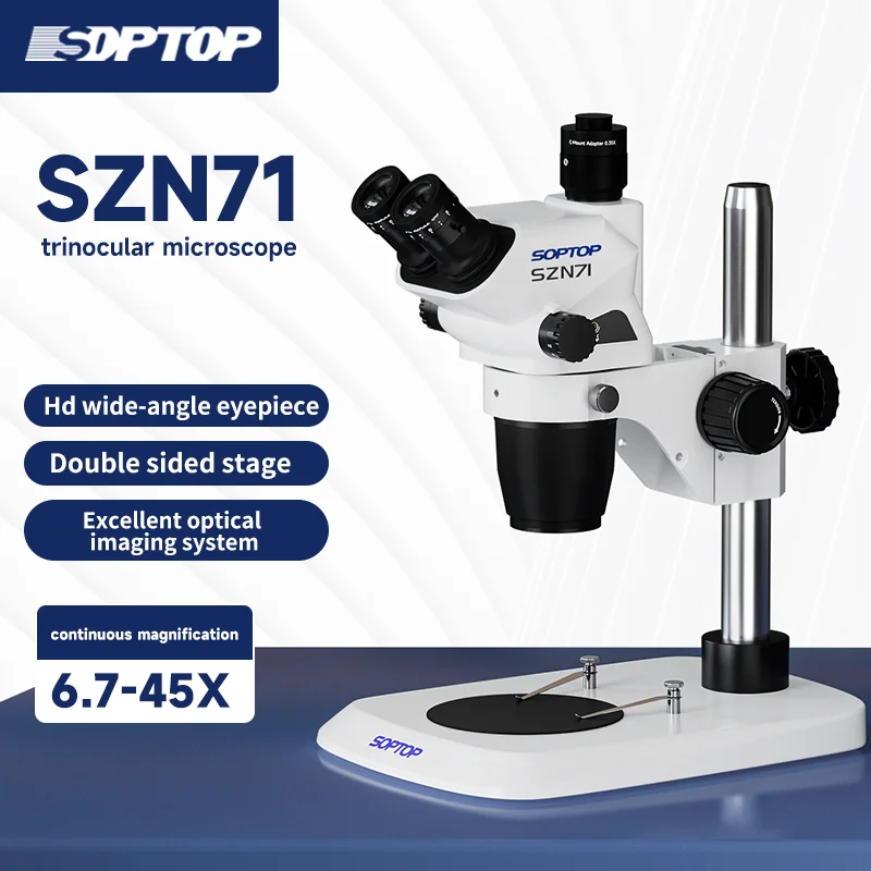 Original SDPTOP SZN71TR True Triocular Microscope 6.7-45 Continuous Zoom Maintenance Mobile Phone Stereo Microscope