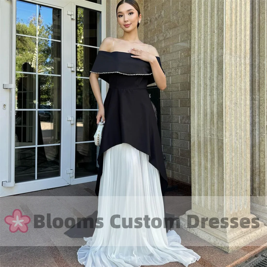 

Blooms Off Shoulder A-line Pleated Evening Dresses Beaded Floor-length Elegant Prom Dress Customize Wedding Party Gown