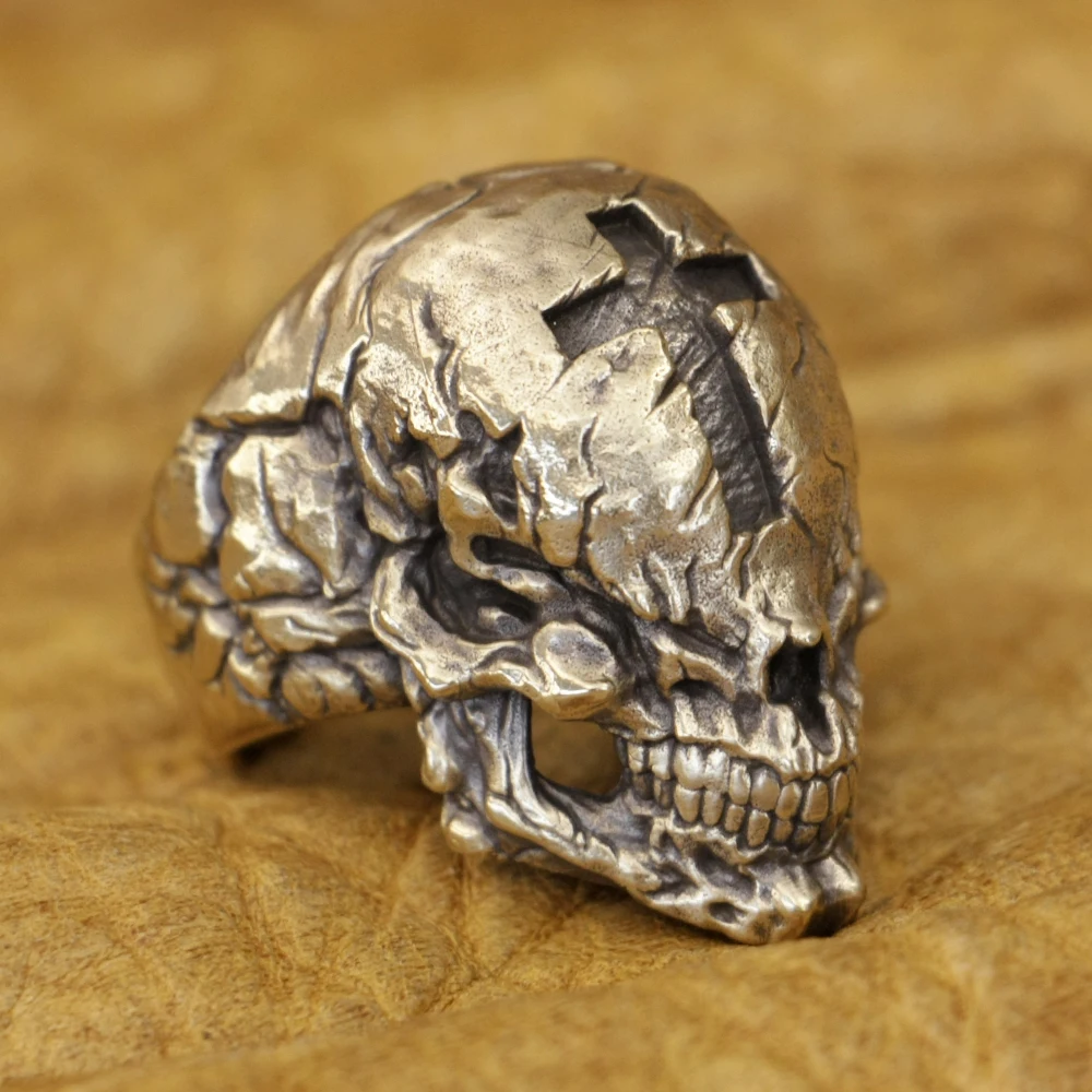 LINSION Brass Cross Skulls Ring Mens Biker Punk Jewelry BR422 US Size 7~15