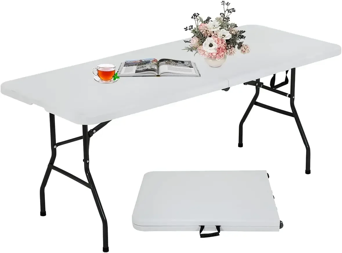 6FT Folding Table, Heavy Duty Plastic Table Portable Fold-in-Half Utility Table Indoor Outdoor Picnic Table w/Handle & Lock