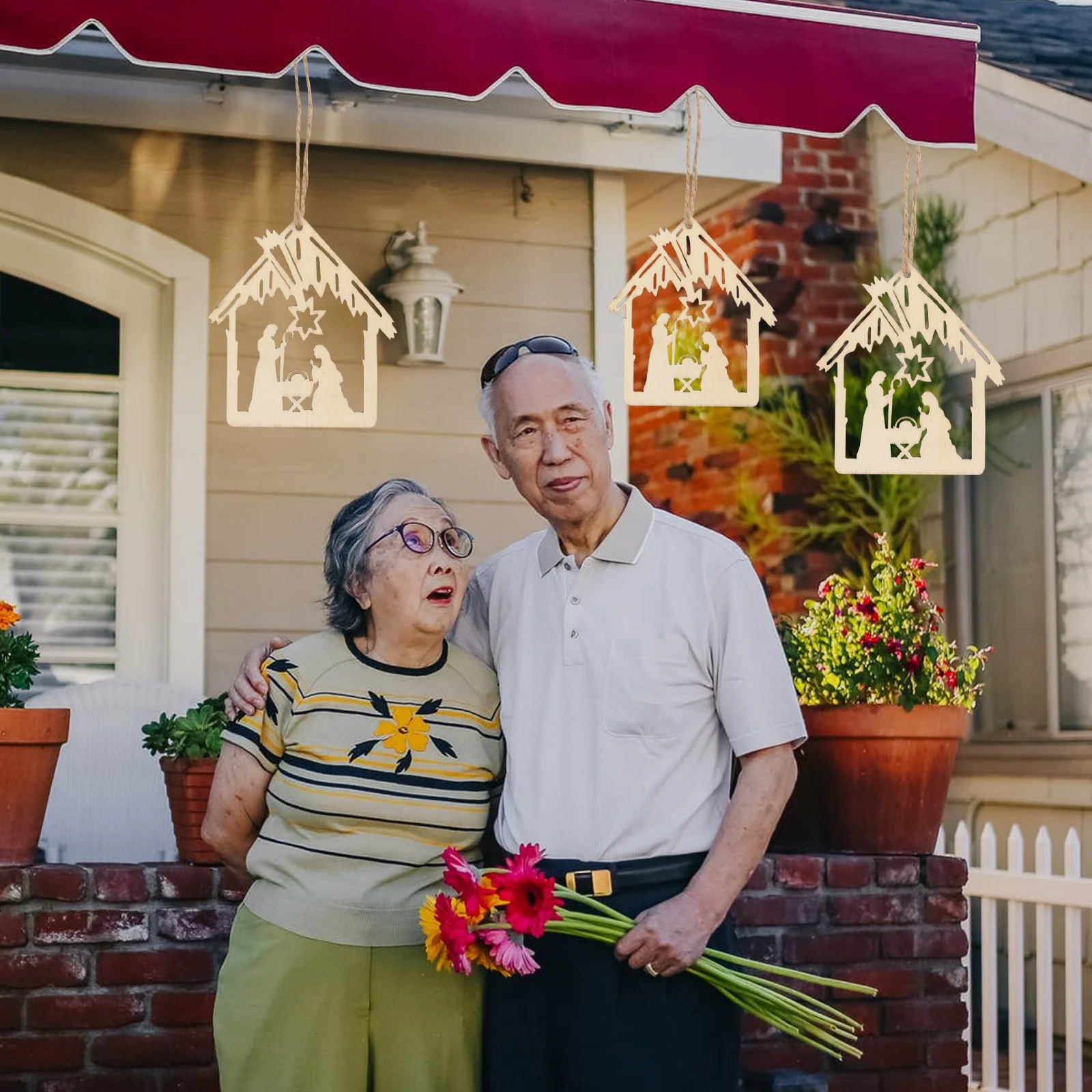 

20Pcs Jesus Birth Wood Pendant Khaki Rope Hanging Decor Religious Festival Home Decoration Indoor Outdoor Ornament