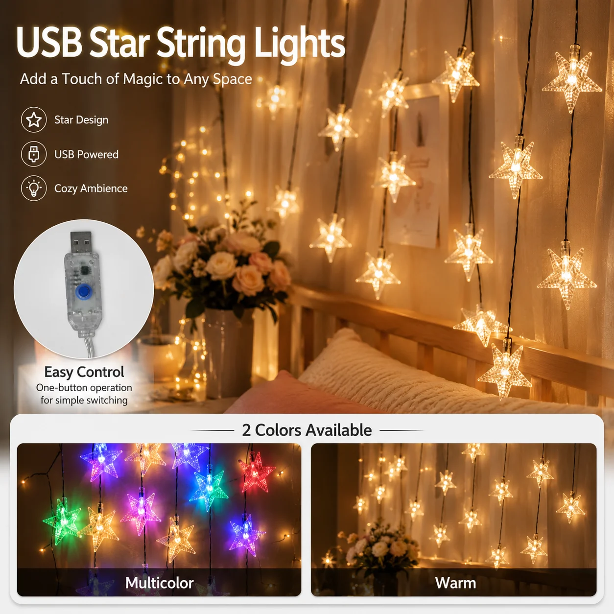 USB Star String Lights Five-Point Fairy Lights 5/7/12M 20/50/100LED 8 Modes Warm Multicolor for Bedroom Curtain Christmas Decor