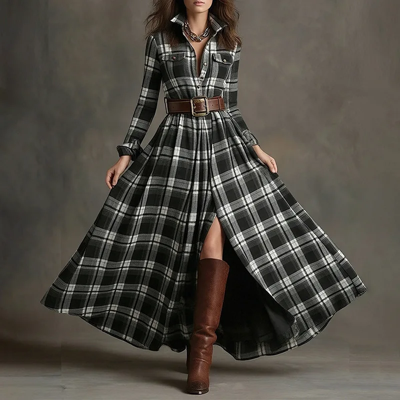 Abito lungo con stampa a quadretti retrò Donna Elegante colletto rovesciato Abito lungo con bottoni Abito Boho con tasca a maniche lunghe primaverili