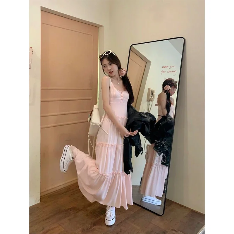 Sweet Pink Maxi Dress Women Vacation White Ruffles One Pieces Long Dresses Summer Sexy Strap Robe Korean Beach Bodycon Vestidos