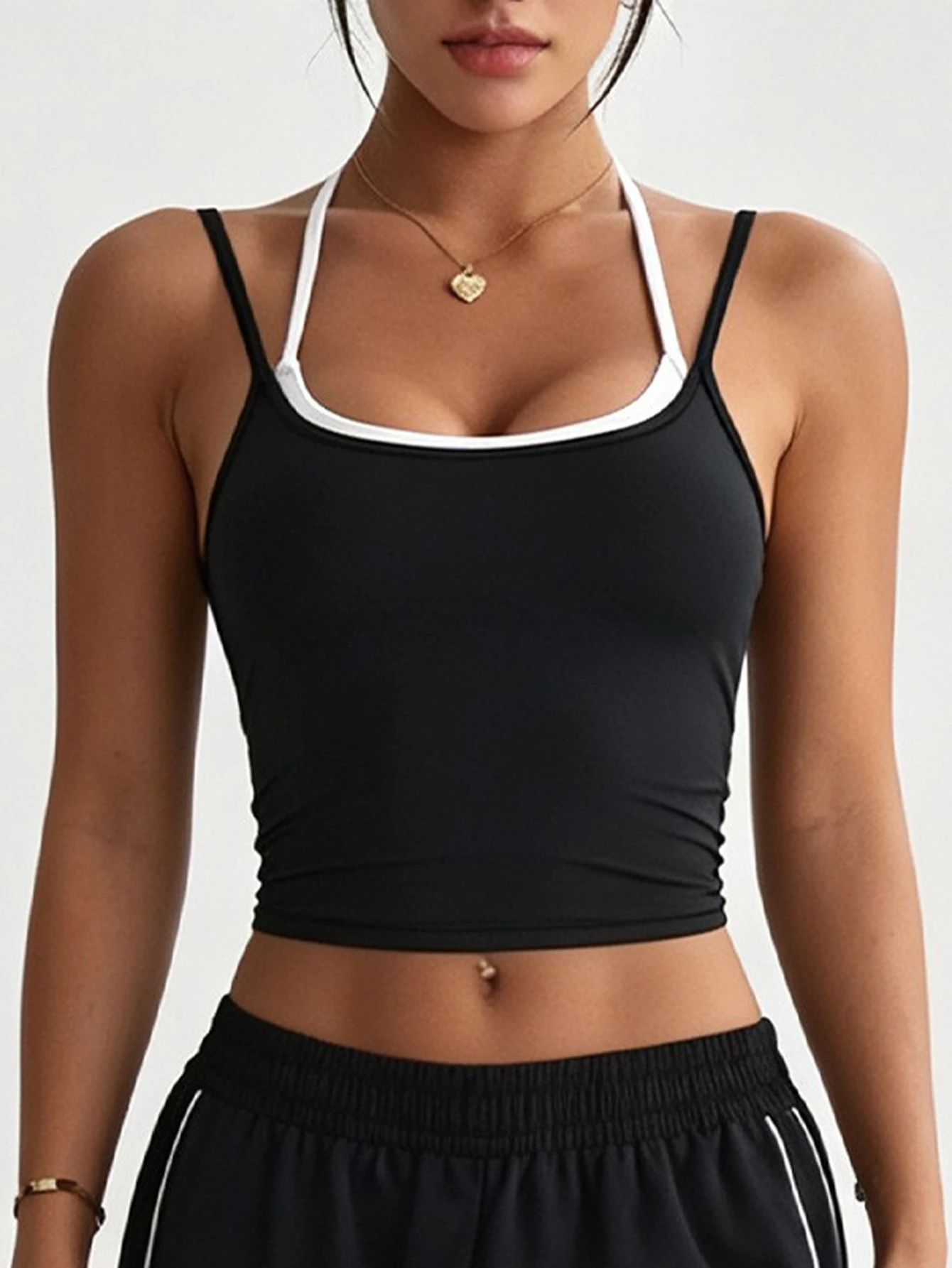 Solid Color Double-Layer Shoulder Strap Sports Vest, Running Fitness yoga High Stretch Top