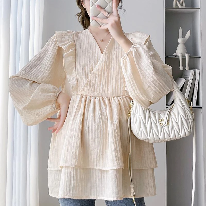 

2024 Autumn V-neck Maternity Ruffled Shirts Long Lantern Sleeve Double Layers Sweet Pregnant Woman Chiffon Blouses Loose Tops