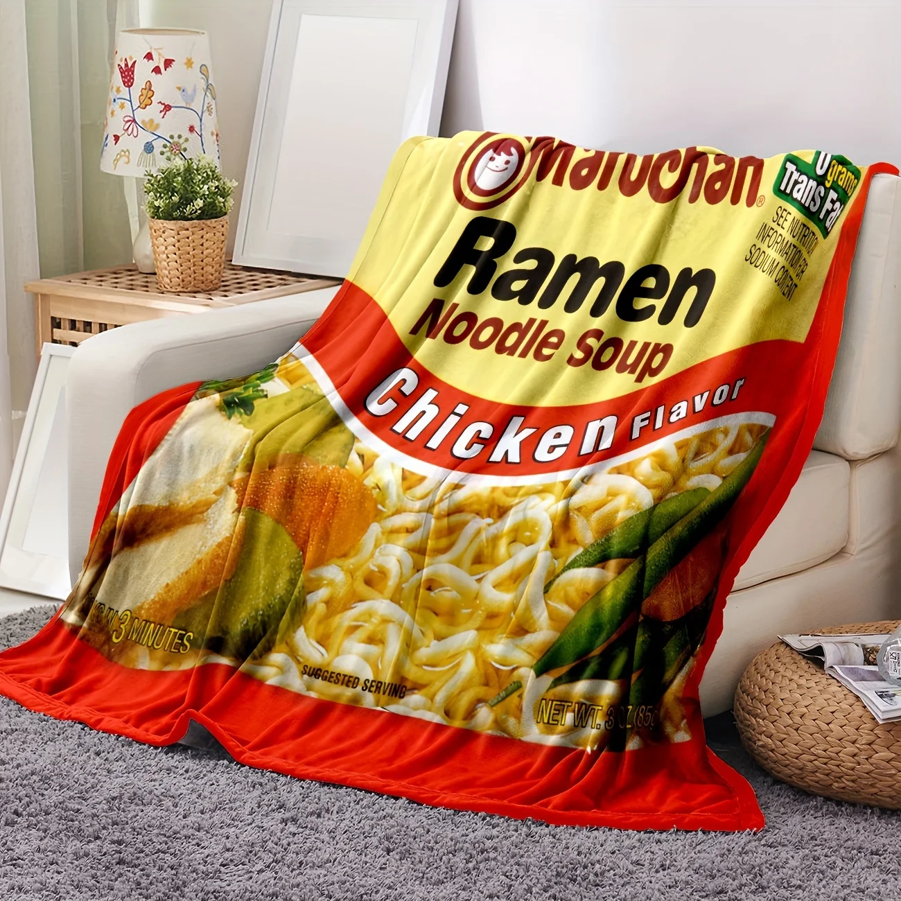 Chicken Flavor Ramen Noodle Soup Design Flannel Blanket - Soft Lightweight All-Season Throw for Sofa, Bed, Travel & Camping