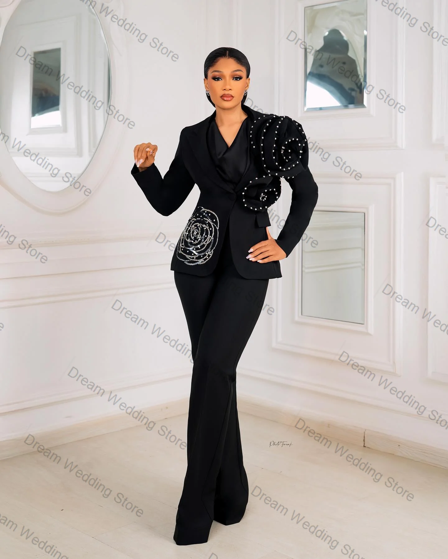 Ensemble de costume noir pour femmes, 2 pièces, Blazer + pantalon, cristaux, fleur 3D, veste formelle de bureau, manteau de bal de mariage d'été personnalisé