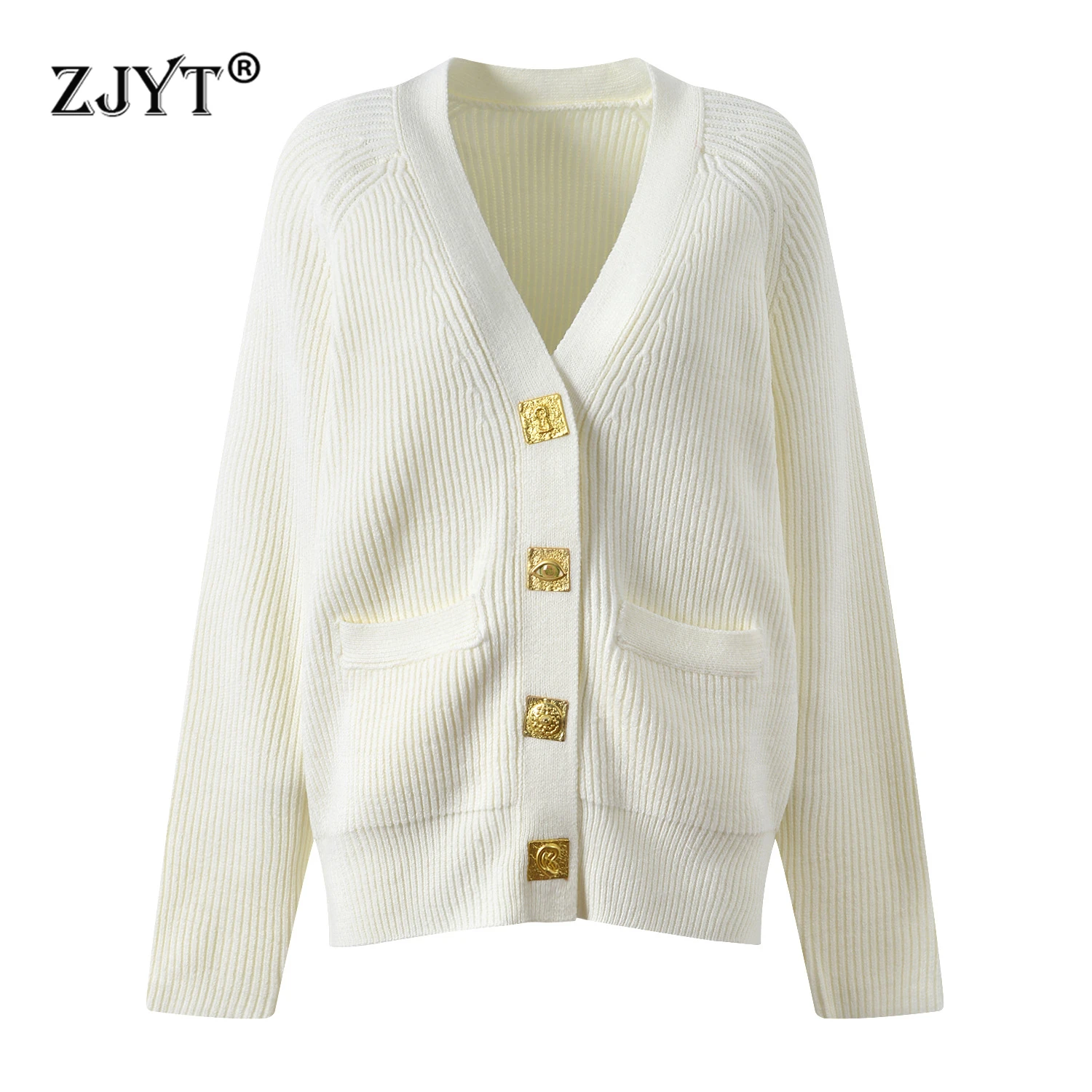 

ZJYT Spring Autumn Knitted Cardigans Coat for Women Single Breasted Long Sleeve Sweaters Elegant Jersey Tops Fashion Knitwears