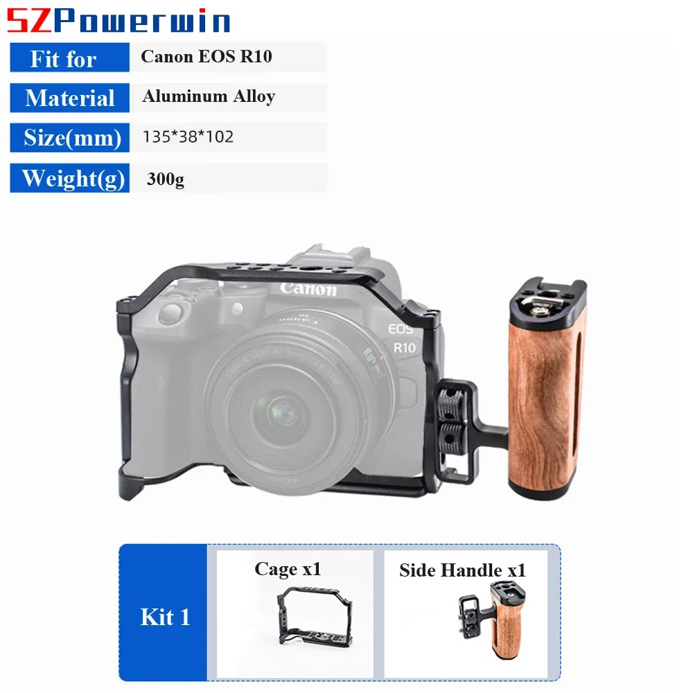 Powerwin For Canon EOS R10 Camera Cage with wooden Handle Kit  Multifunctional Arri Locating Protective Frame Aluminum Alloy