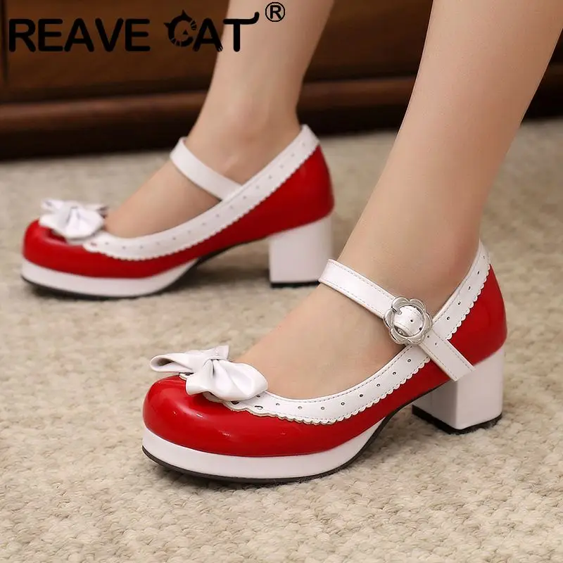 REAVE CAT Lolita Women Pumps Round Toe Chunky Heels Buckle Strap Bowknot Mixed Color 46 47 48 Sweet Daily Girls Shoes