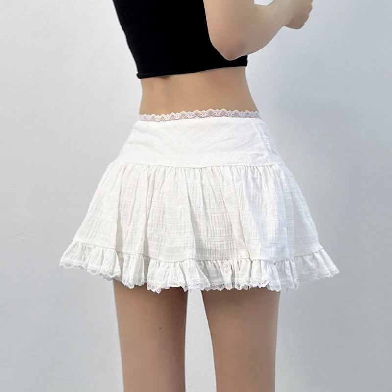 Falda de línea a de pastel con borde de encaje blanco para mujer, estilo Ballet, cintura alta, Falda corta esponjosa, puro deseo dulce picante, verano, D514