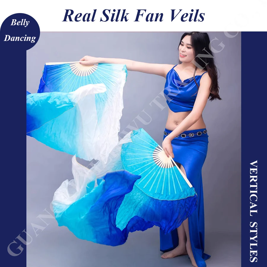 Hand Made Women 1 Pair Belly Dance Silk Bamboo Dance Long Fan Veils Gradient Vertical Style