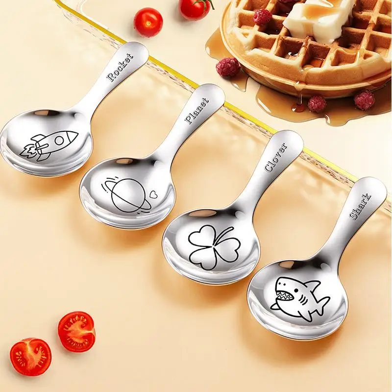 Cartoon 304 Stainless Steel Round Head Large Spoon Food Grade Flat Bottom Deep Soup Spoon Home Use Rice Spoon For Children