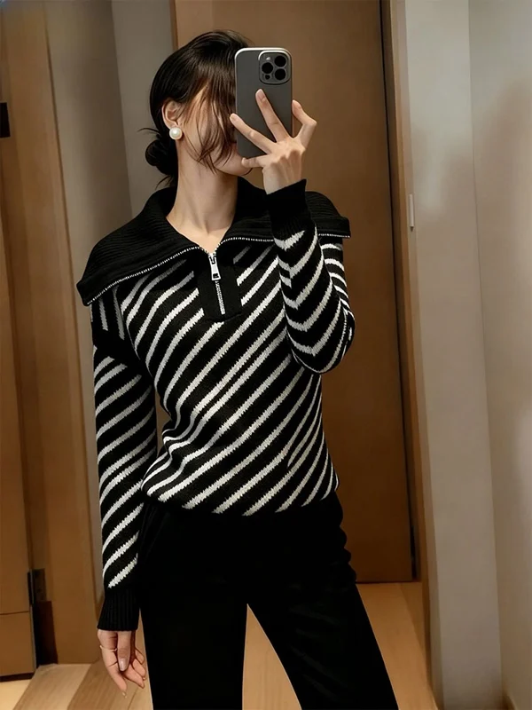 

Unique Striped Knit Sweater Women's Spring Early 2026 Beautiful Big Collar Design Korean Sle Breathable Long Sve Top