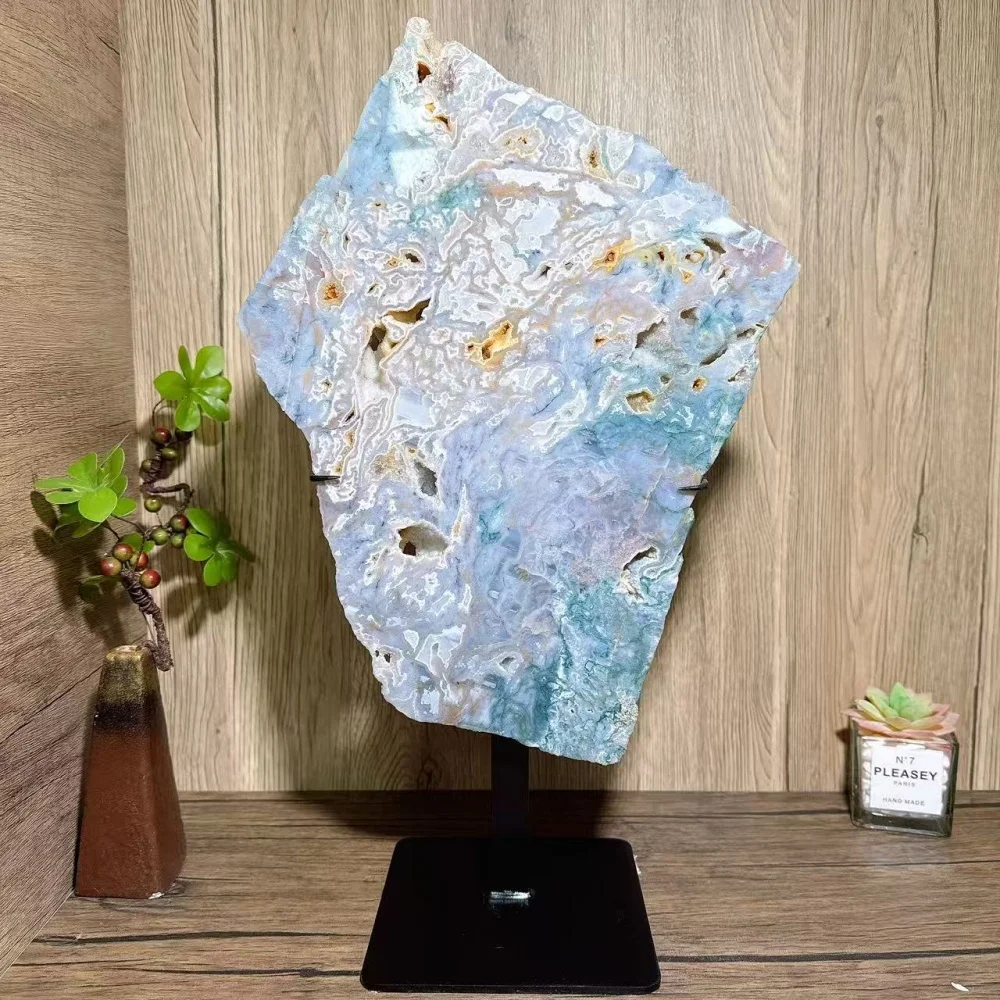 Large Natural Colourful Moss Agate Druzy Geode Raw Stone Slabs Healing Crystal Reiki Energy Home Scene Decoration Gifts+Stand