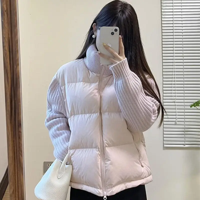 2024 Winter Fashion Stand-up Collar Thickened Cotton Jacket for Women Autumn/Winter Splicing Knitted Versatile Short Warm Jacket