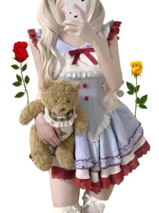 

Sweet and Cute Girl High Waist Blue Plaid Suspender Short Dress Bow Lace Doll Collar Summer New Puffy Dresses for Women