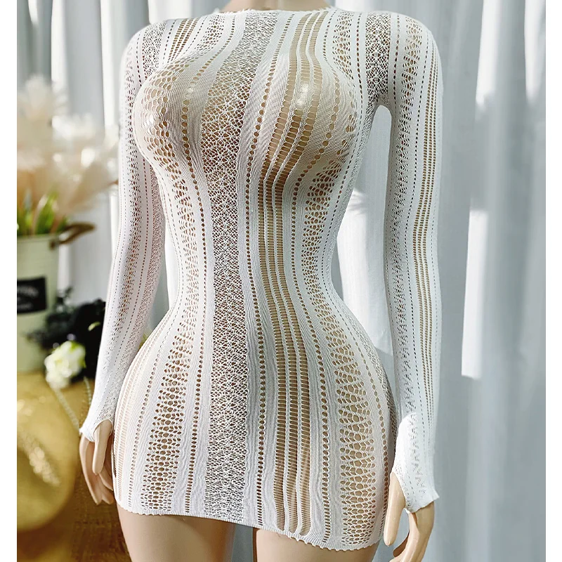 

1PC Women Fishnet Cover Up Without Bikini Sexy Lingerie See Through Hollow Out Bodycon Dress Long Sleeve Beachwear DSH565