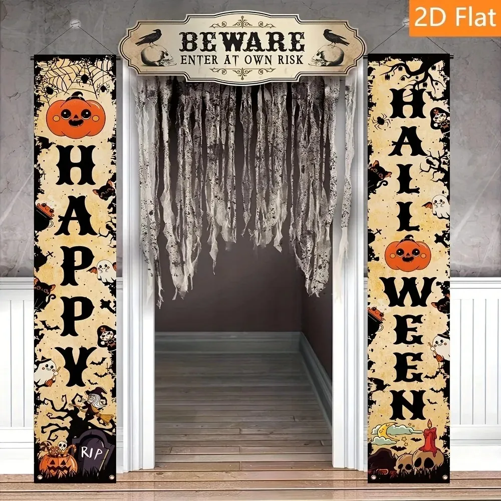 Happy Halloween Vertikales Verandabanner-Set Vintage Kürbis Geist Spinne Totenkopf Fledermaus Türdekorationen für Halloween Hängedekorationen – Detail 4
