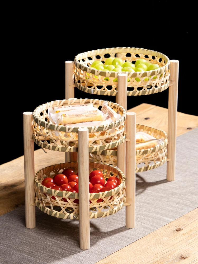 Bamboo Fruit Basket, Double Layer, Small Fruit Tray, Pastry Plate, Tea Cake Tray, Dim sum Plate, Storage Decoration Woven