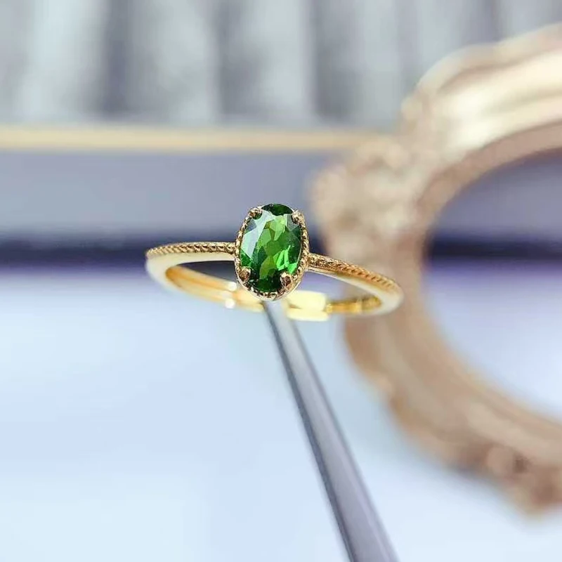 

simple 925 silver ring natural chrome diopside ring with certificate 18K gold plated sterling silver diopside jewelry