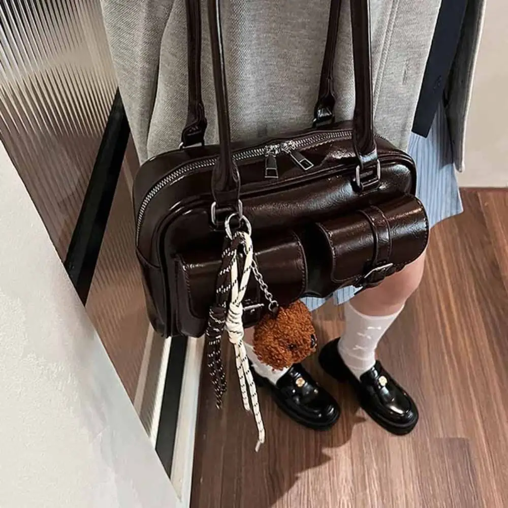 

Корейский стиль, сумка для боулинга из искусственной кожи, однотонная сумка, карманная сумка-тоут Boston, дизайн меньшинства, портативная сумка для подмышек во французском стиле