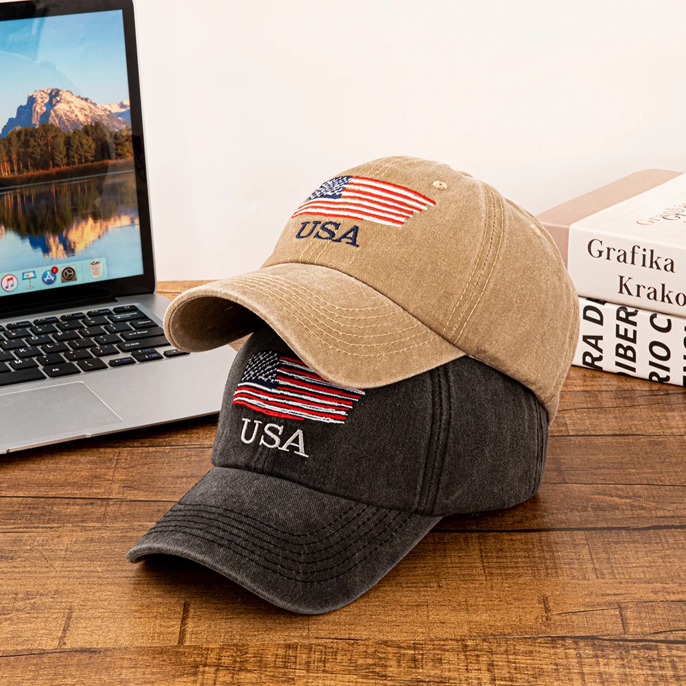Gorra de Béisbol de Algodón Lavado con Bandera Americana Bordada para Hombre y Mujer, Estilo Vintage, Ajustable, Patriótica, para Exteriores