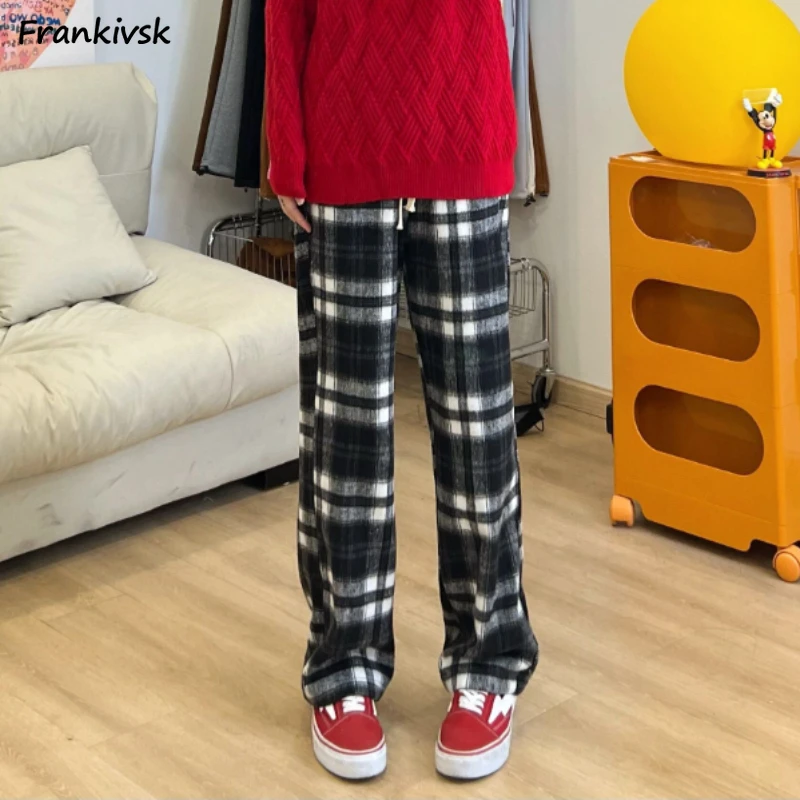 

Plaid Pants Women Drawstring Panelled Loose Ankle Length All-match Simple Casual High Waist Spring Summer Daily Korean Style