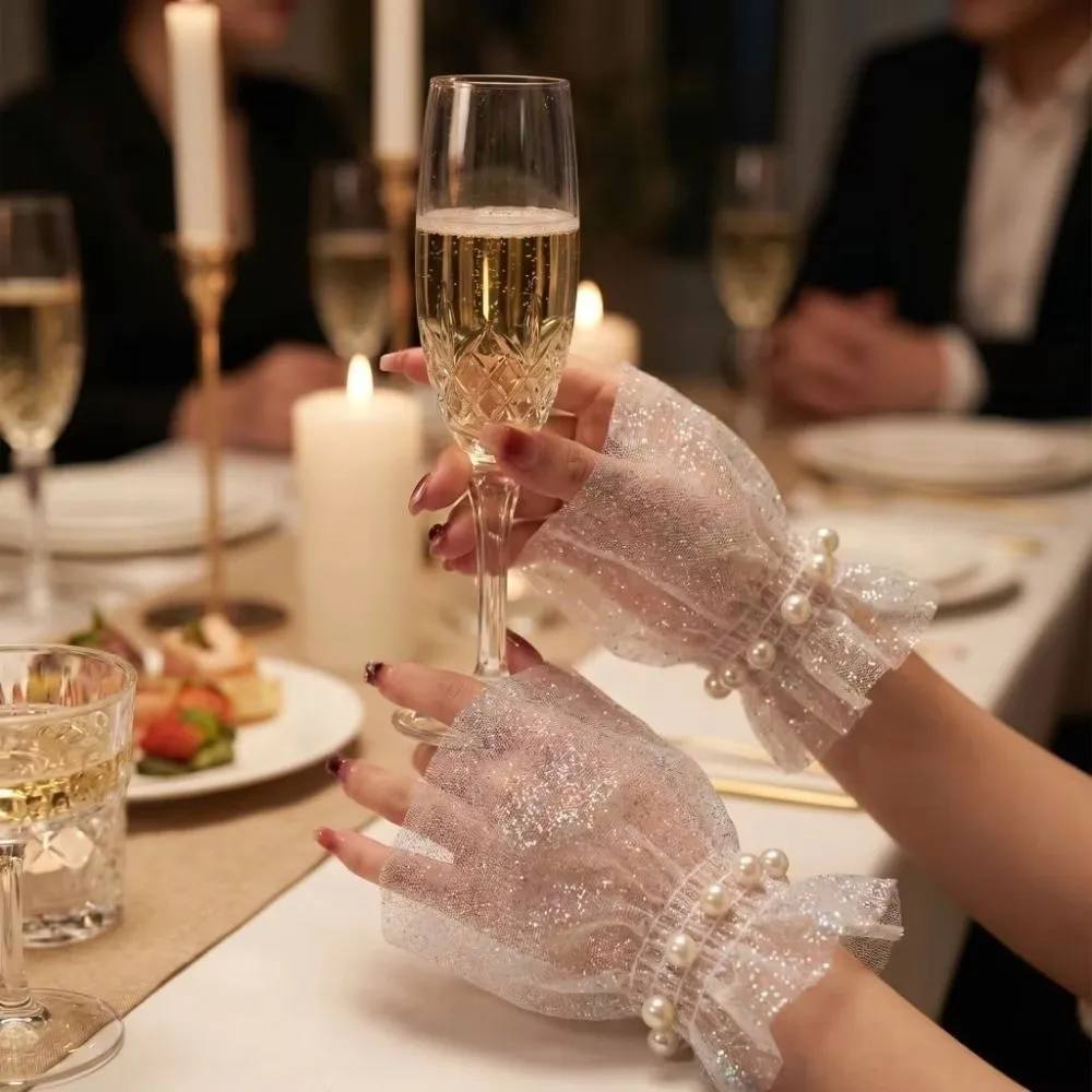 New Glitters Shining Fake Wrist Cuff Detachable Pearl Tulle Arm Sleeves Arm Wear Short Arm Wear Photo Shoot Styling