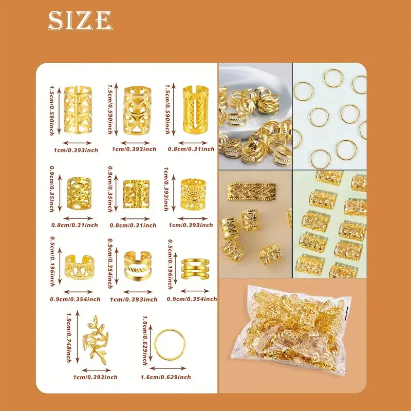 220 Stück Metall-Haarspangen, Flechtringe und Manschetten, böhmische ausgehöhlte Dreadlock-Perlen für Frauen, DIY-Zopfschmuck, Haar-Accessoires – Detail 3