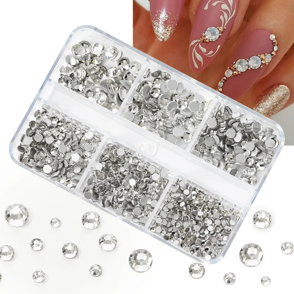 6-fach geteilte transparente Kristall-Strass-Nagelsteine, glitzernde Glassteine, flache runde Perlen, DIY-Nagelcharms, Maniküre-Dekoration