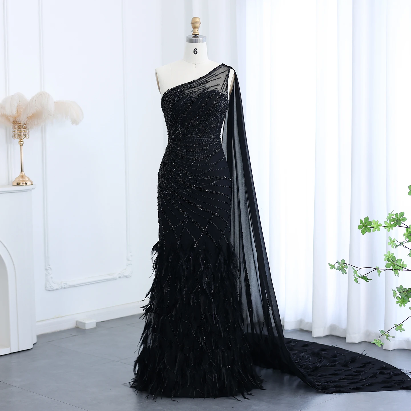 Sharon Said Luxury Feather Turquoise Aqua One Shoulder Evening Dresses with Cape Train Prom Wedding Party Gowns SS498 Customized image 5