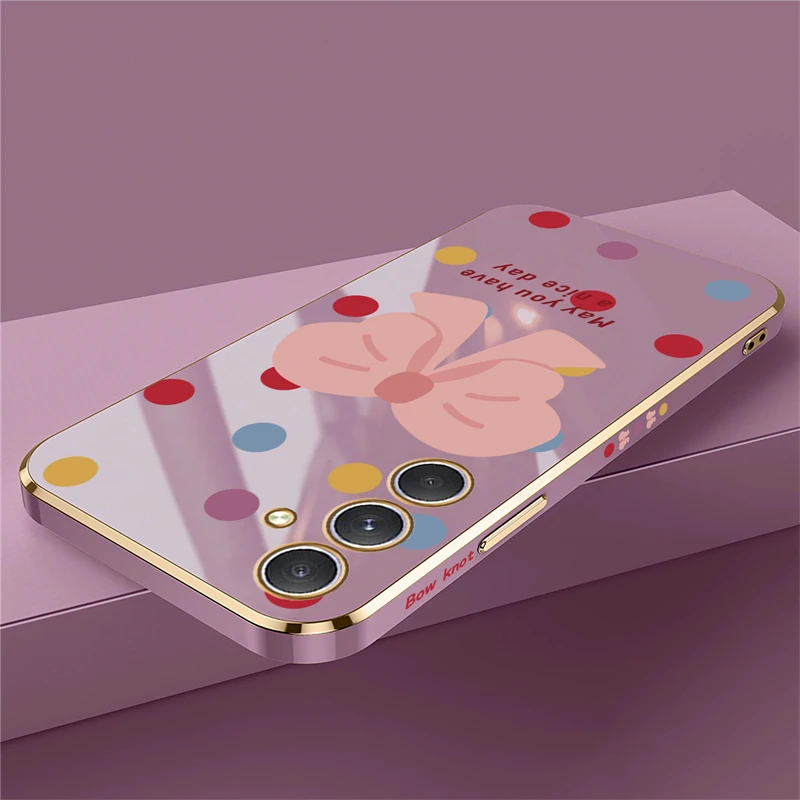 A54 5G Pattern Pink Bow Soft Case For Samsung Galaxy A32 A33 A34 A24 A25 A35 A55 A15 A42 A50 A52 A53 A71 A72 A73 Plating Cover