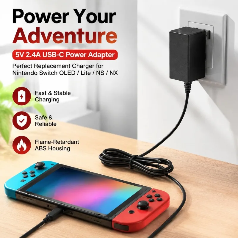 5V 2.4A USB-C Power Adapter Replacement for Switch OLED Lite NS NX, Type-C Charger with Flame-Retardant ABS, AC