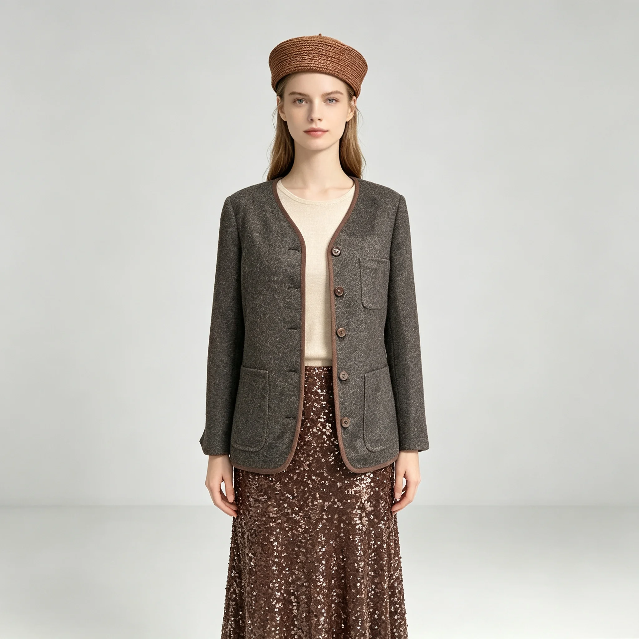 Luxury Minimalist Women's Casual Jacket 100% Wool New Arrival Autumn Winter Loose Fit Vintage Style Short Coat