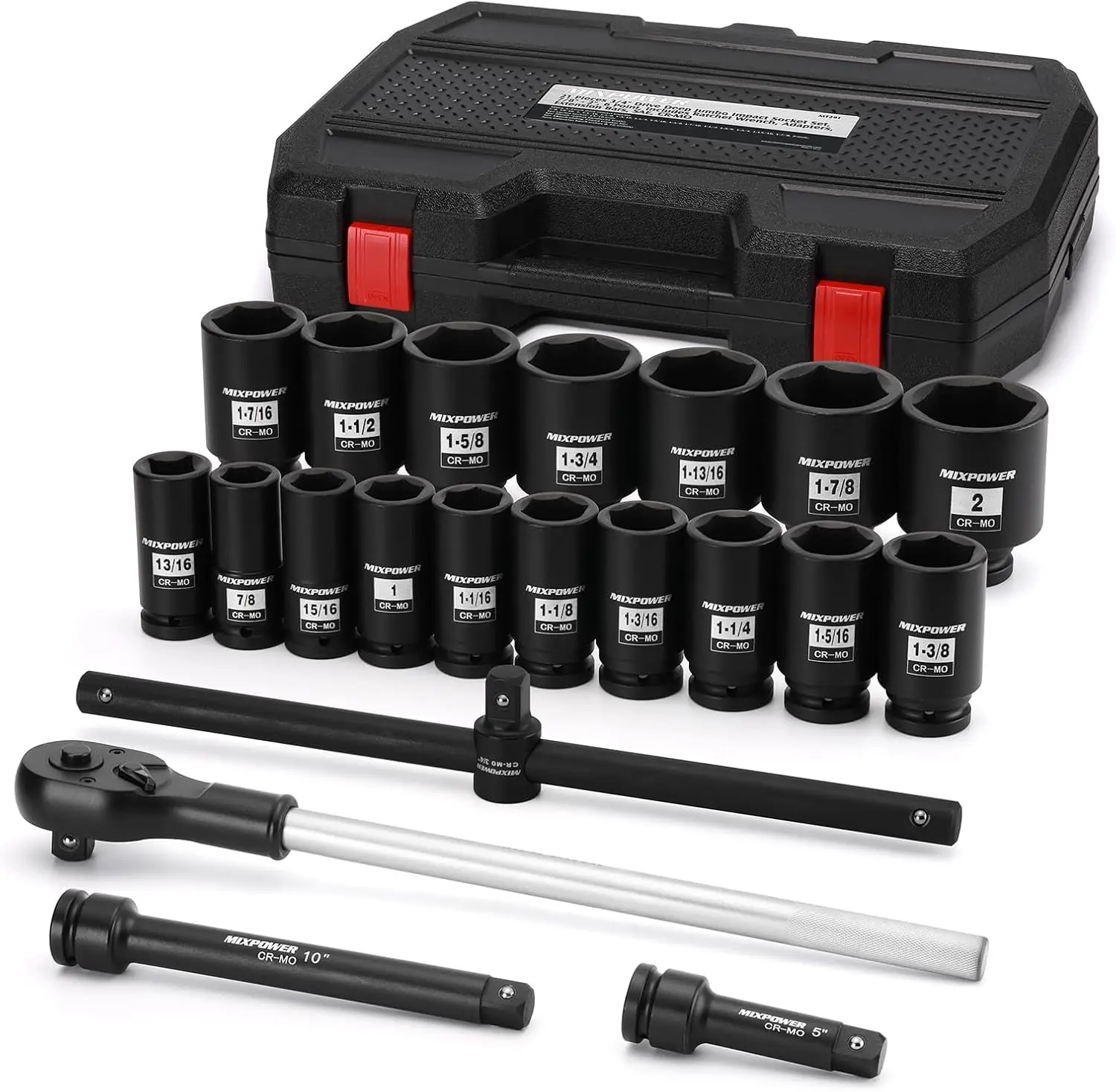 

21-Piece 3/4" Drive Deep Impact Socket Set, SAE 7/8"-2", 6-Point, CR-MO, with Ratchet & Extensions